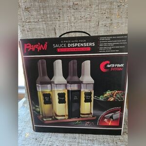 Parini Auto Pour Sauce Dispensers Set Of 4 Of Wood Tray New In Box